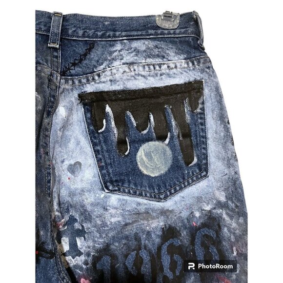 Vintage Upcycled Graffiti Jeans 10 High Rise Taper 30 x 28 Distressed Destroyed - Picture 9 of 14
